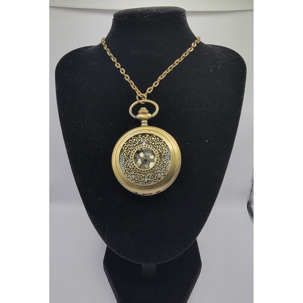 Antique Brass Filigree Pocket Watch Necklace Steampunk Skeleton Dial Floral Case